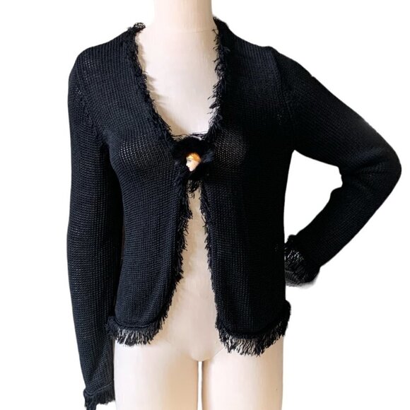 Chico's Linen Bl Fringe Open Cardigan & VTG Flapper Brooch Sz 2 L/12 Black #88G - Picture 1 of 9